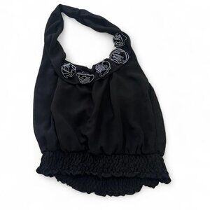Grass Collection black ruffled halter top with white flower detailing and elasti